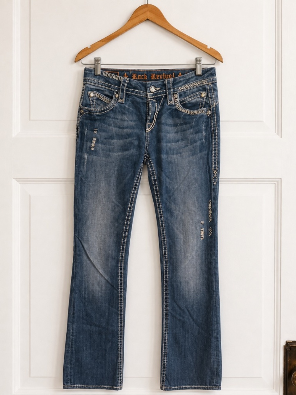 Rock Revival Bootcut Jeans Women’s Size 27 Medium Wash Distressed Rhinestone